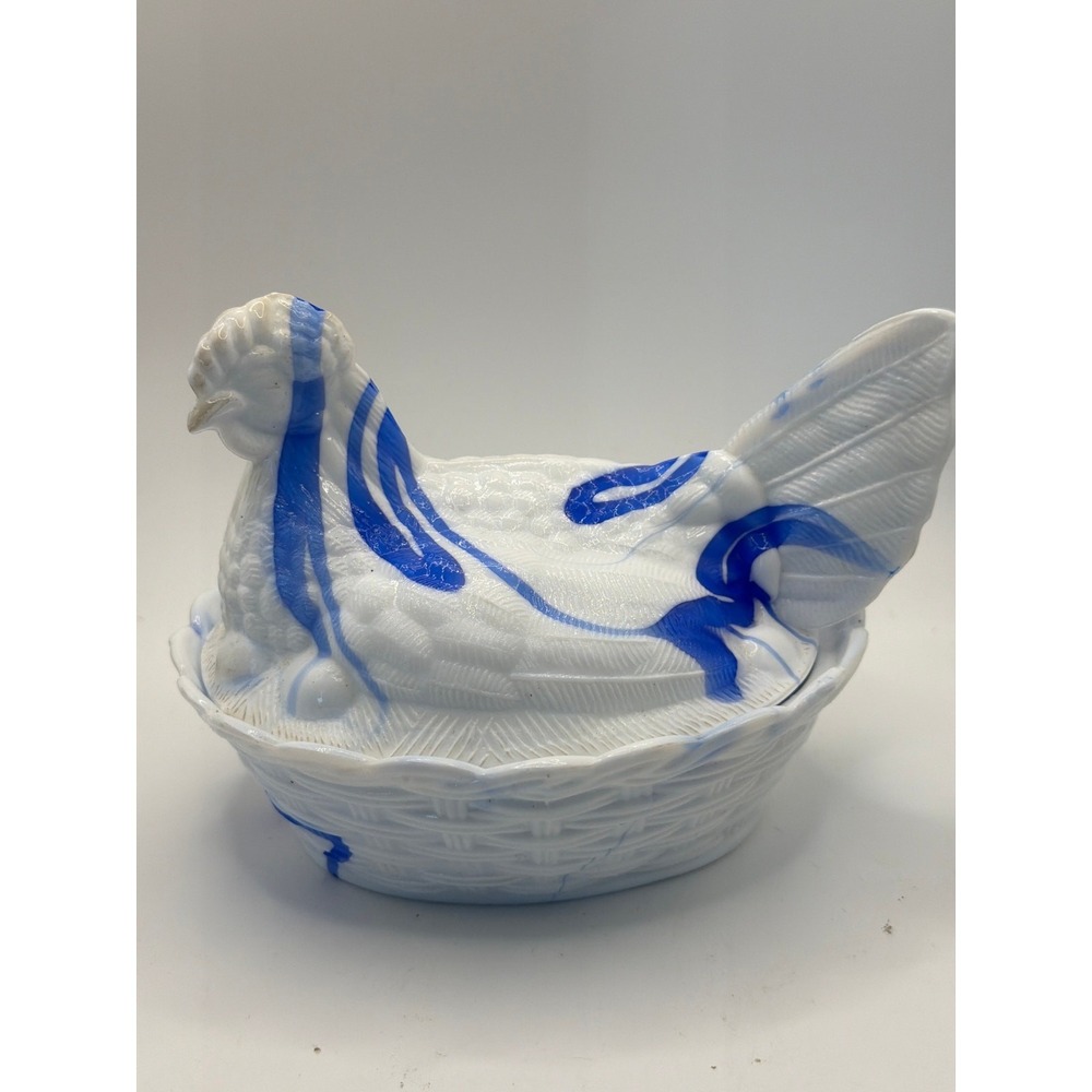 Vintage LARGE HEN ON NEST BLUE WHITE SLAG ART GLASS MARBLE SWIRL DESIGN